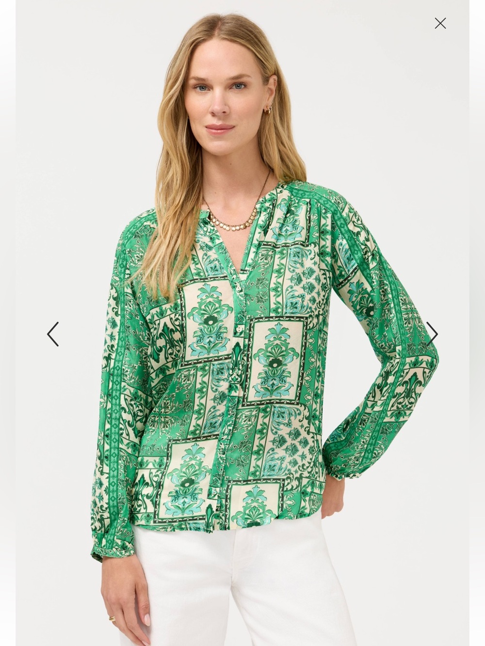 Johnny Was Ellen Button Up Top Hollandia Green Silk Print Size Small NWT